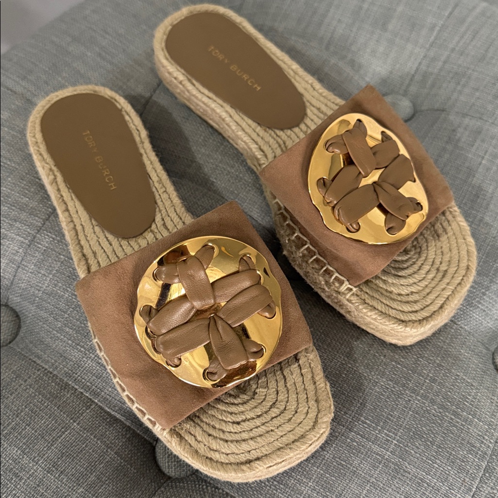 Tory Burch Footwear Woven Double T Espadrille Slide